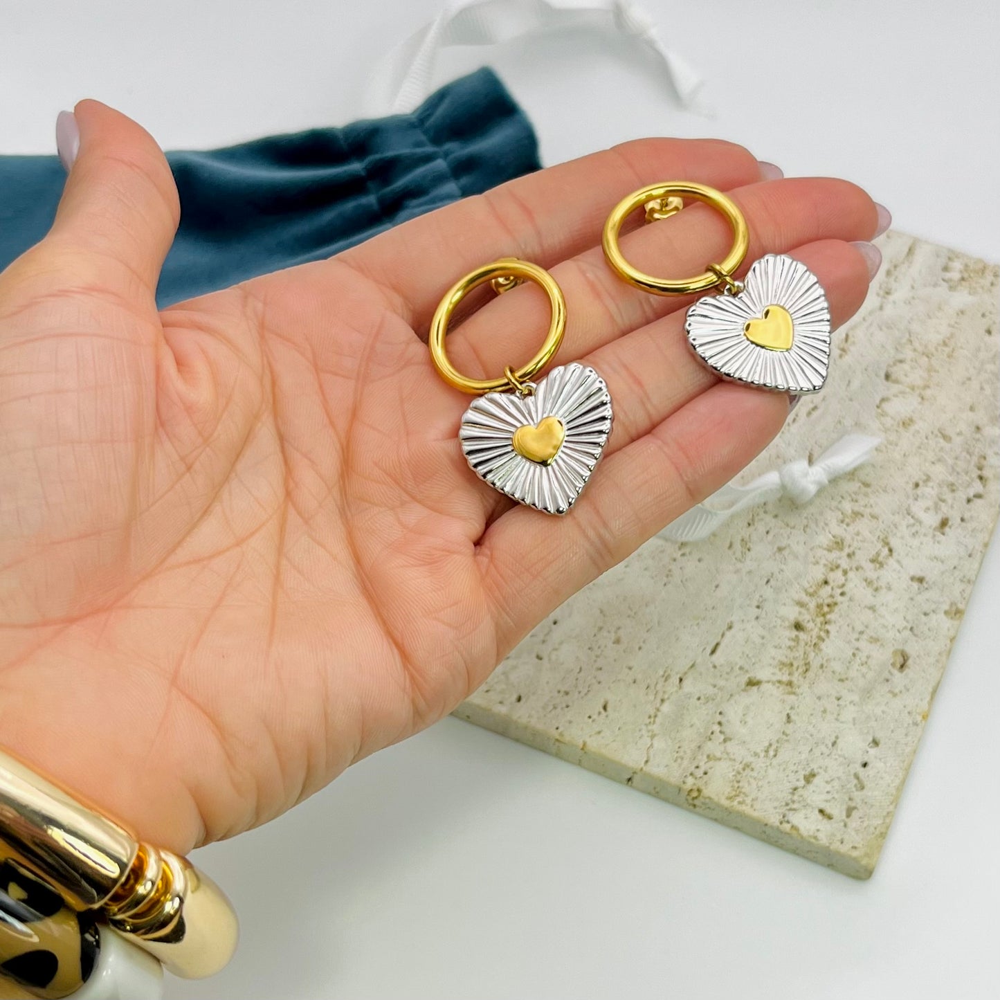 TWO TONE HEART EARRINGS