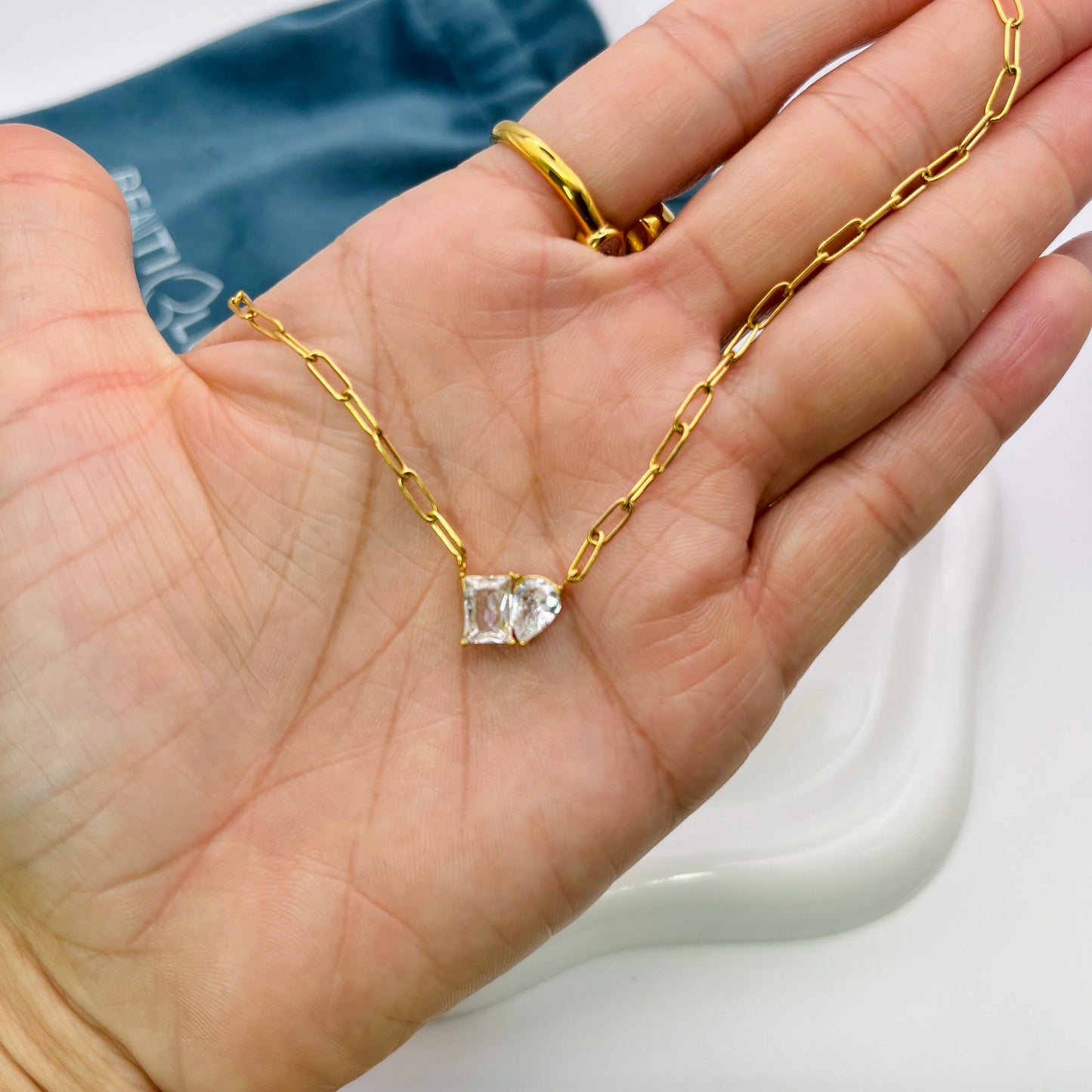 SQUARE AND PEAR PENDANT NECKLACE