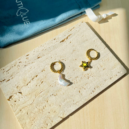 MISMATCHED MOON & STAR HUGGIE HOOP EARRINGS