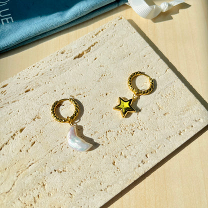 MISMATCHED MOON & STAR HUGGIE HOOP EARRINGS